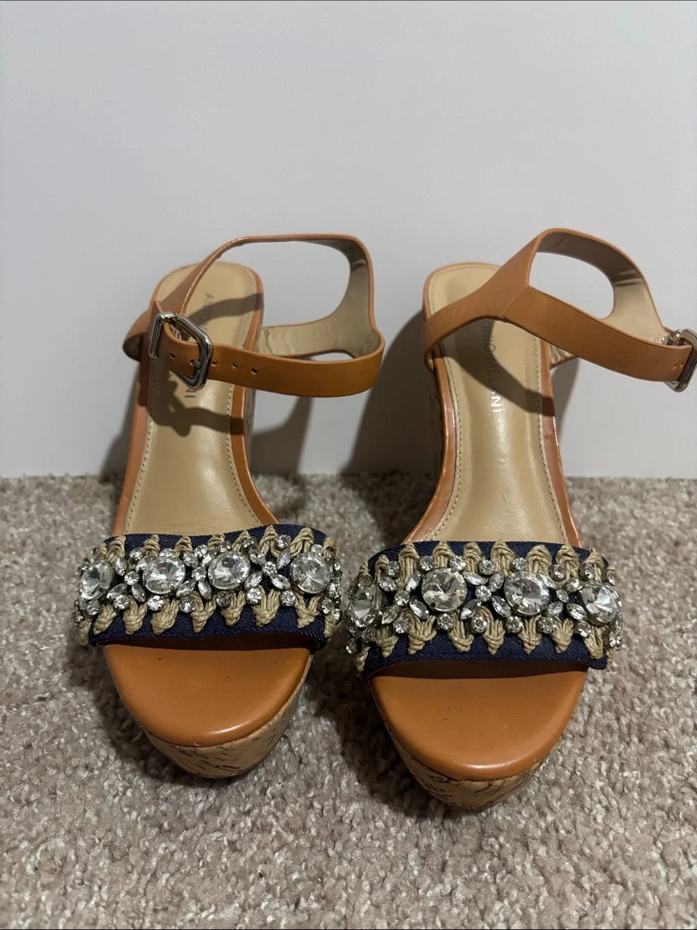 ANTONIO MELANI Tan Wedge Sandals with Navy Jeweled Front Strap